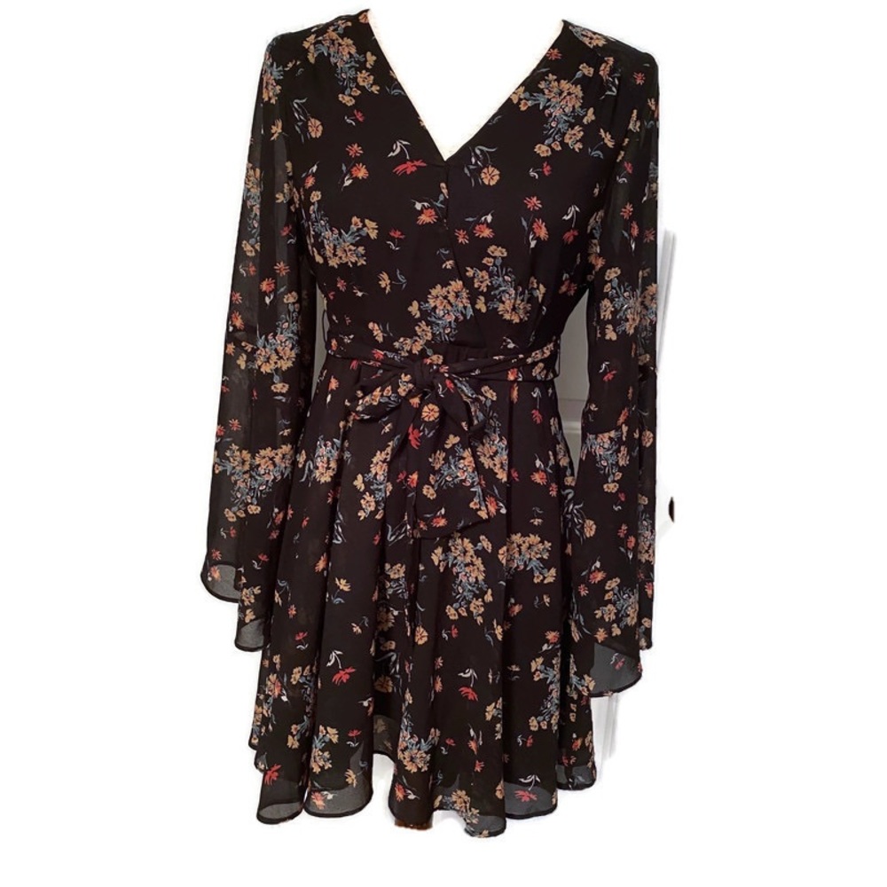 FREE PEOPLE DRESS MINI BLACK FLORAL BELT BOHO Size S